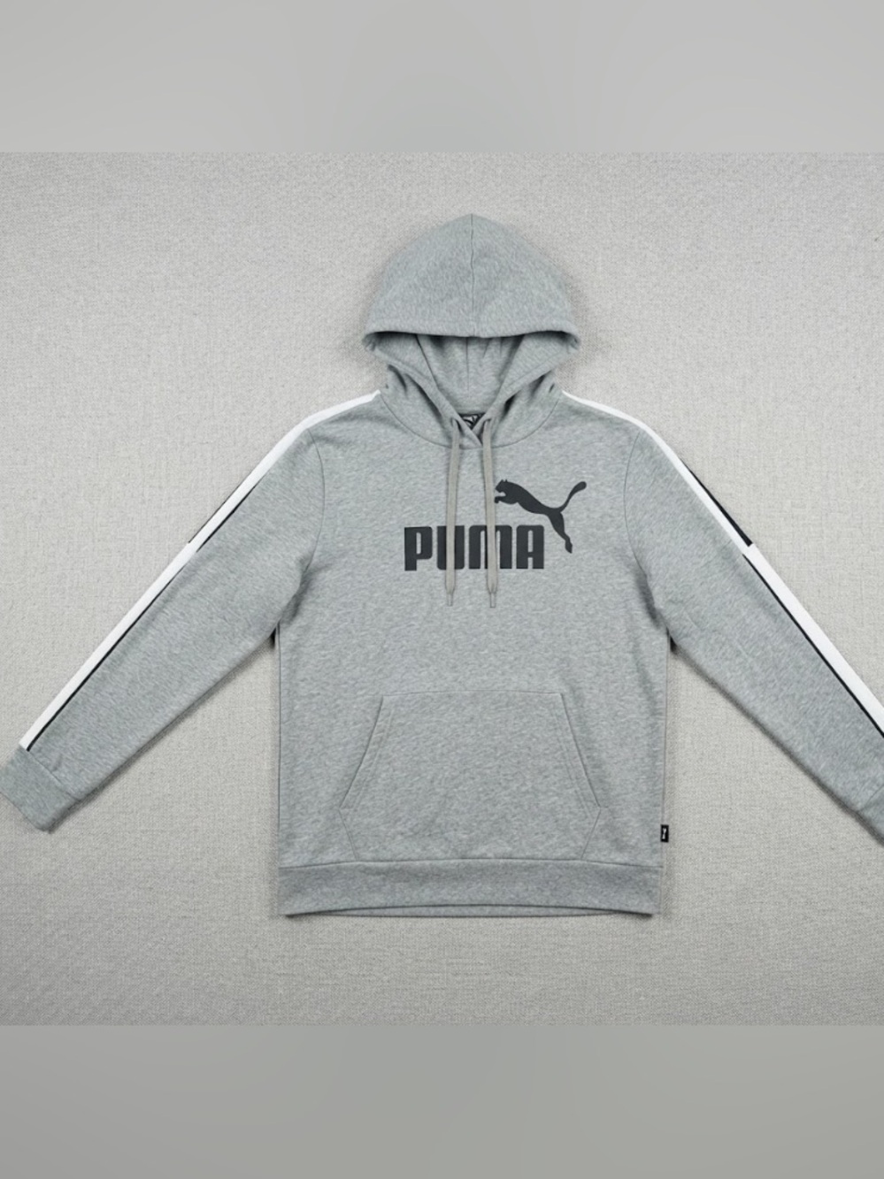 Puma Gray Hooded Sweatshirt with Black Logo and White Shoulder Stripes